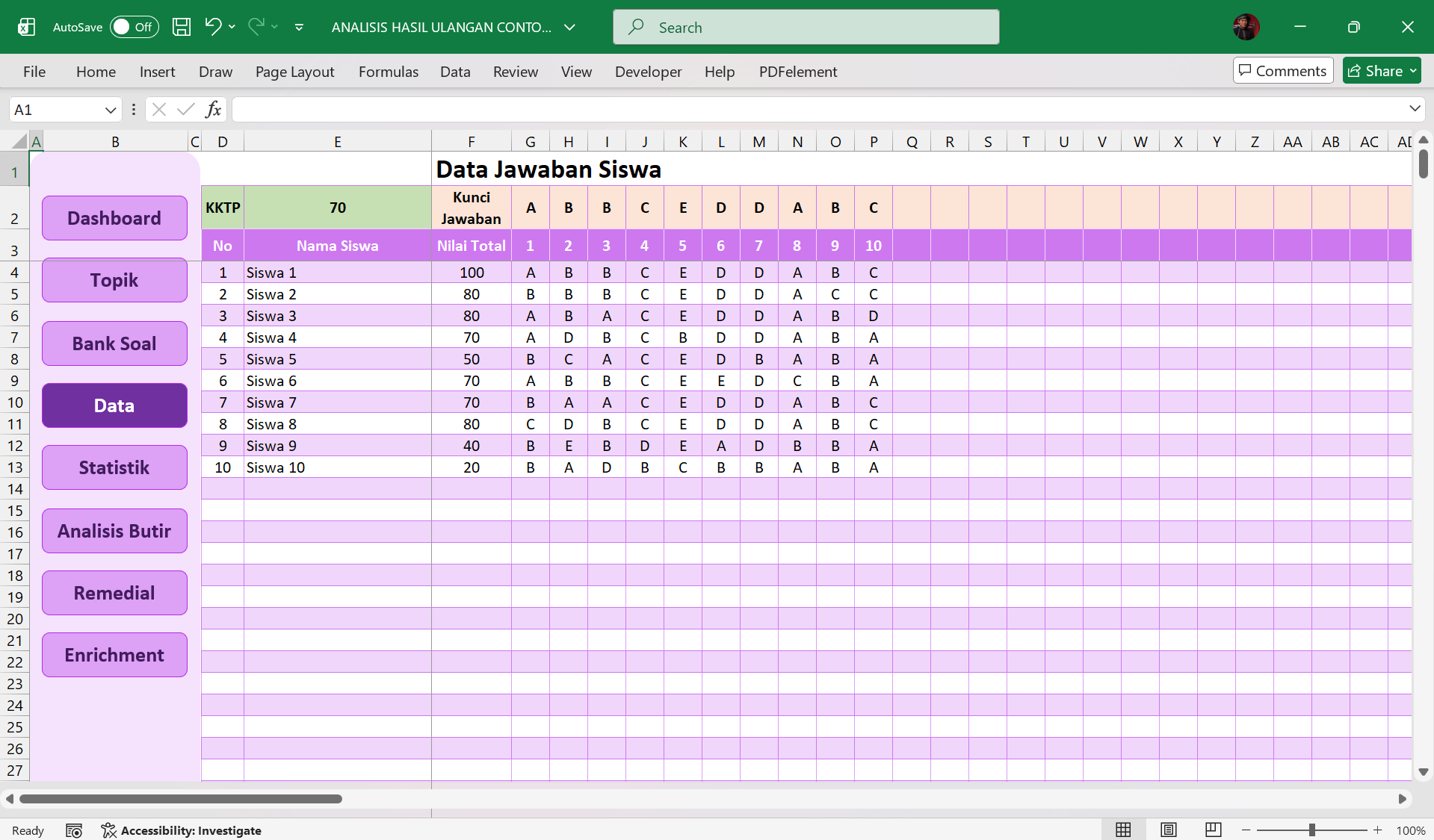 Screenshot data jawaban siswa Analisis Hasil Ulangan