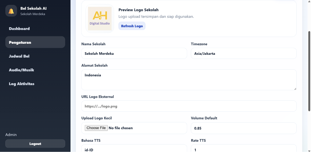Screenshot pengaturan identitas sekolah pada Aplikasi Bell Sekolah otomatis