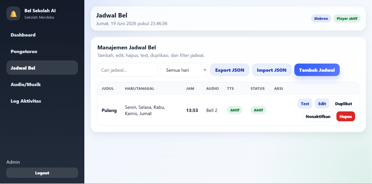 Screenshot pengaturan jadwal bel otomatis pada Aplikasi Bell Sekolah
