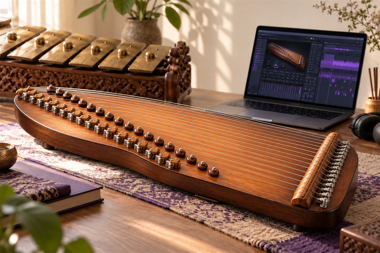 Kecapi, instrumen gamelan, dan laptop untuk eksplorasi musik digital