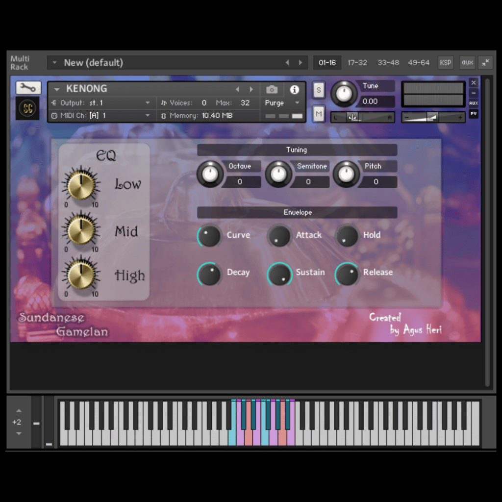 Screenshot tampilan kontrol instrumen Sundanese Gamelan Kontakt Library