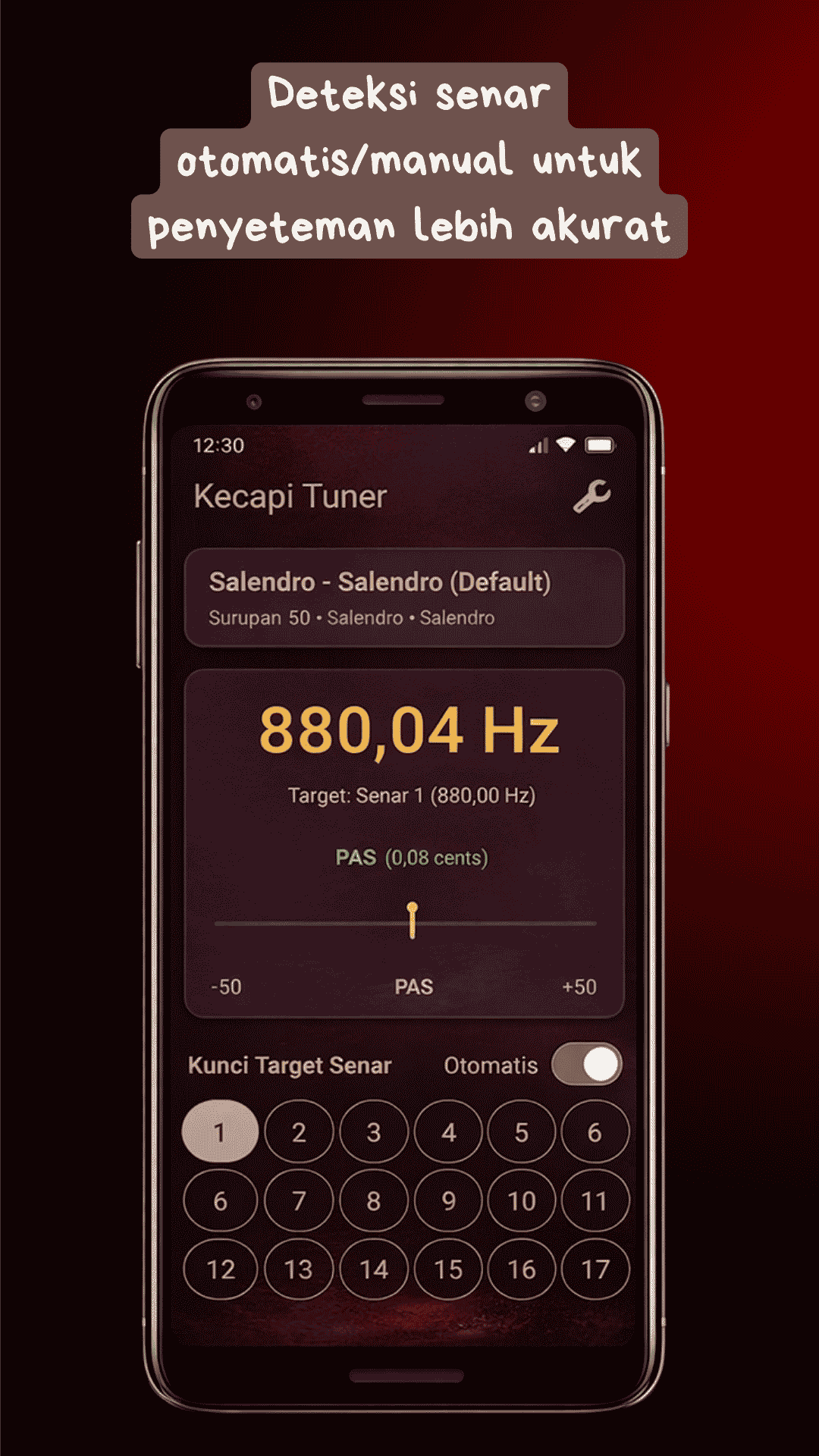 Tampilan tuner utama aplikasi Kecapi Tuner Sunda