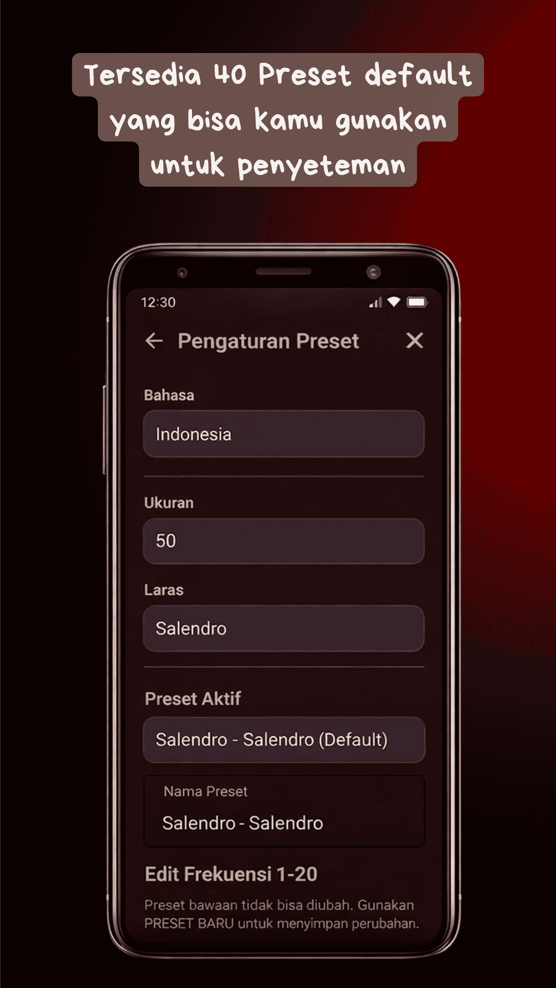Tampilan pengaturan atau fitur aplikasi Kecapi Tuner Sunda