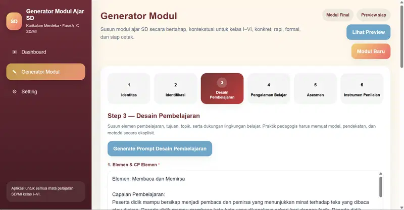 Screenshot langkah 3 desain pembelajaran modul ajar SD MI