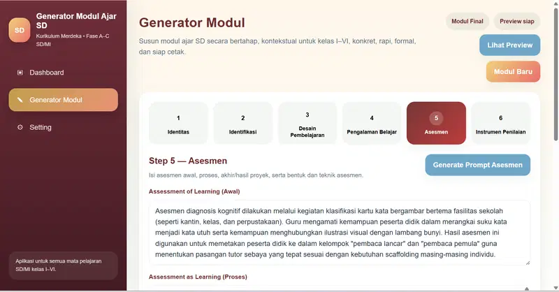 Screenshot langkah 5 asesmen modul ajar SD MI