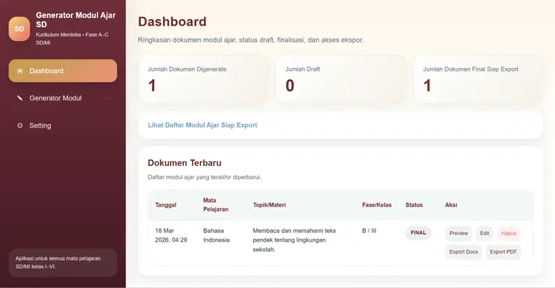 Tampilan dashboard Generator Modul Ajar SD/MI