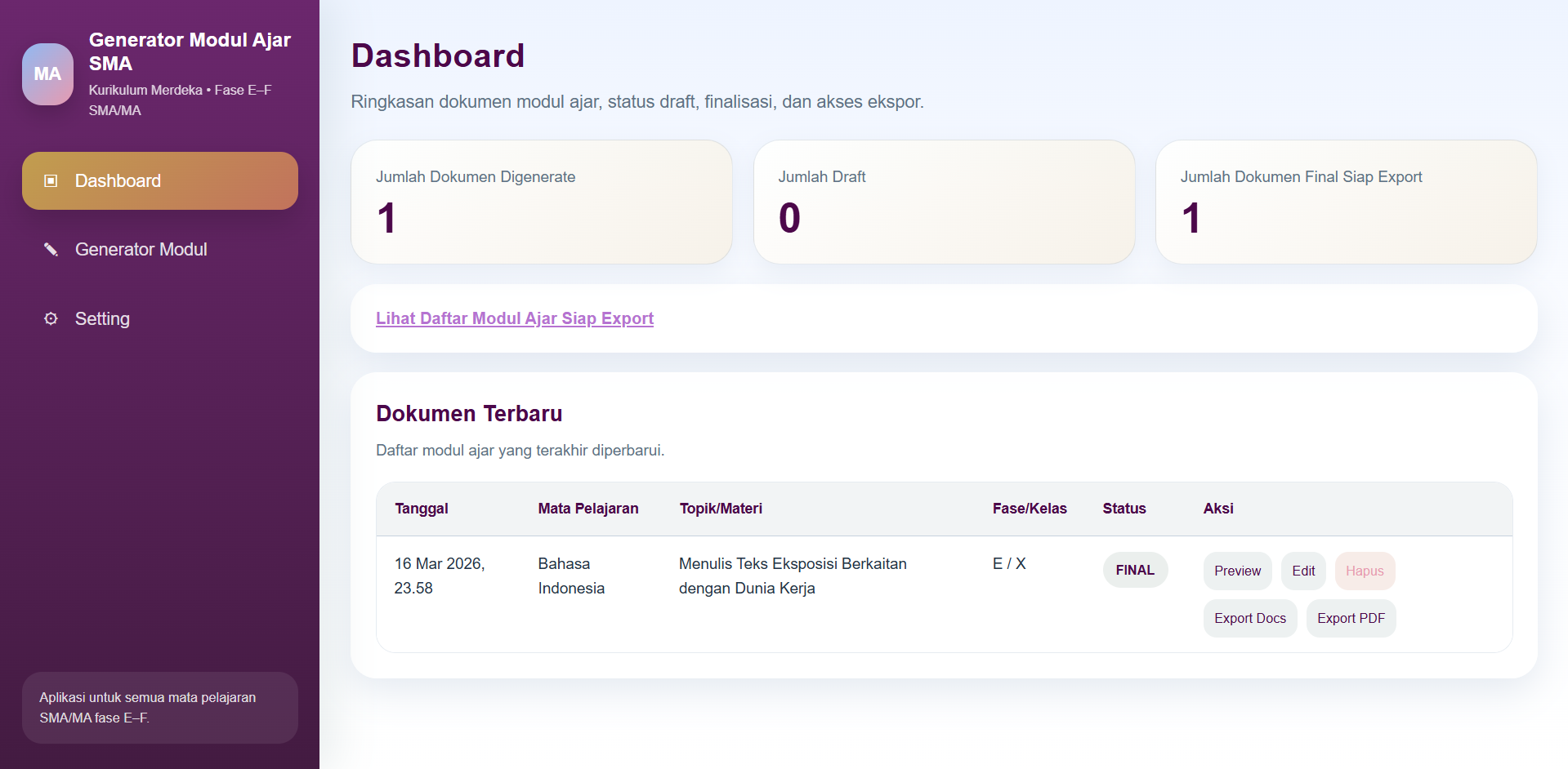 Tampilan dashboard Generator Modul Ajar SMA/MA