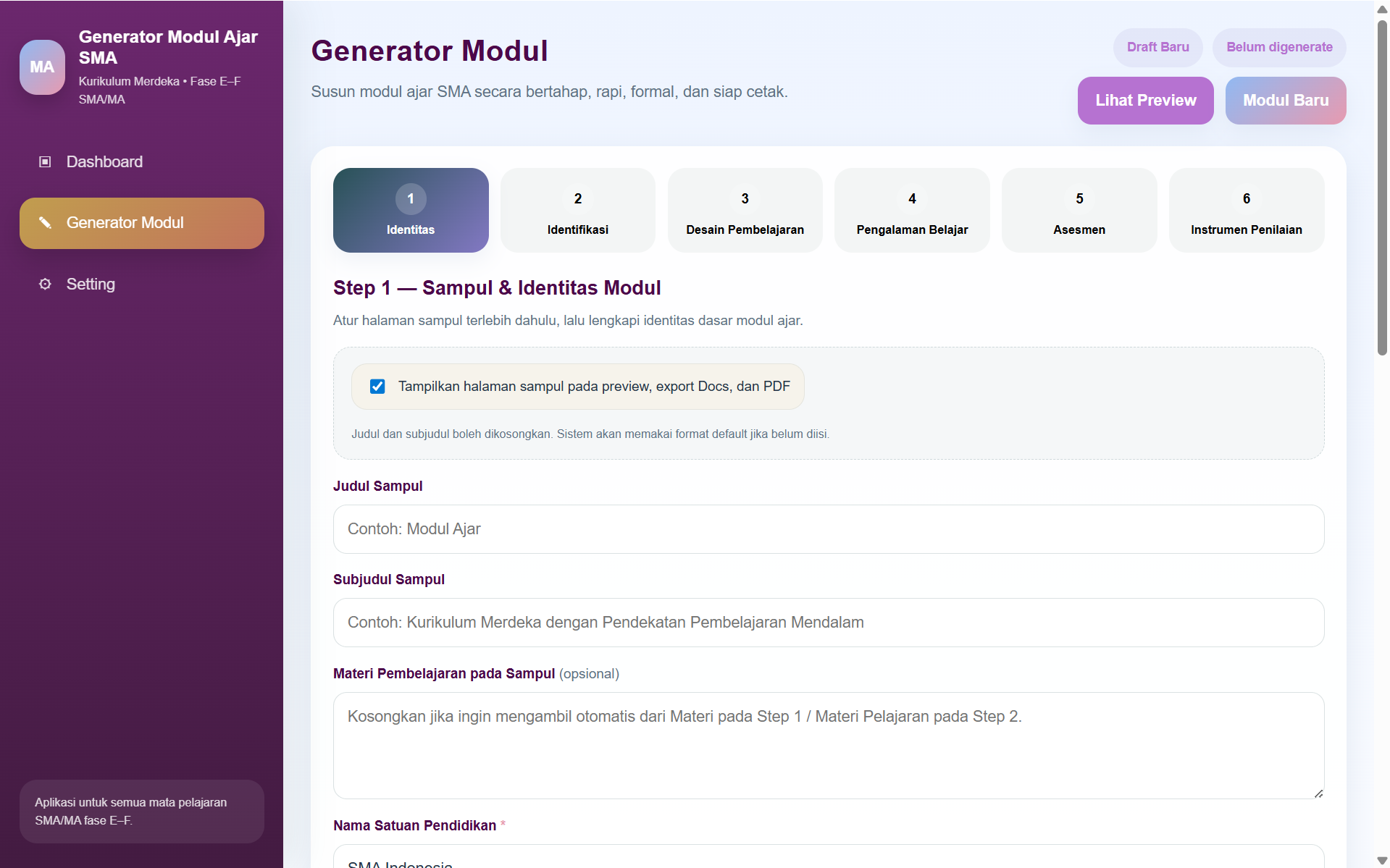 Screenshot langkah 1 identitas modul ajar SMA MA