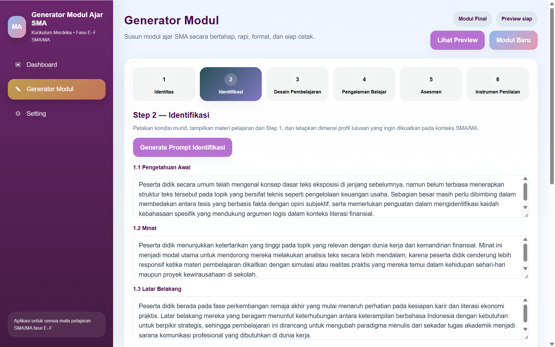 Screenshot langkah 2 identifikasi modul ajar SMA MA