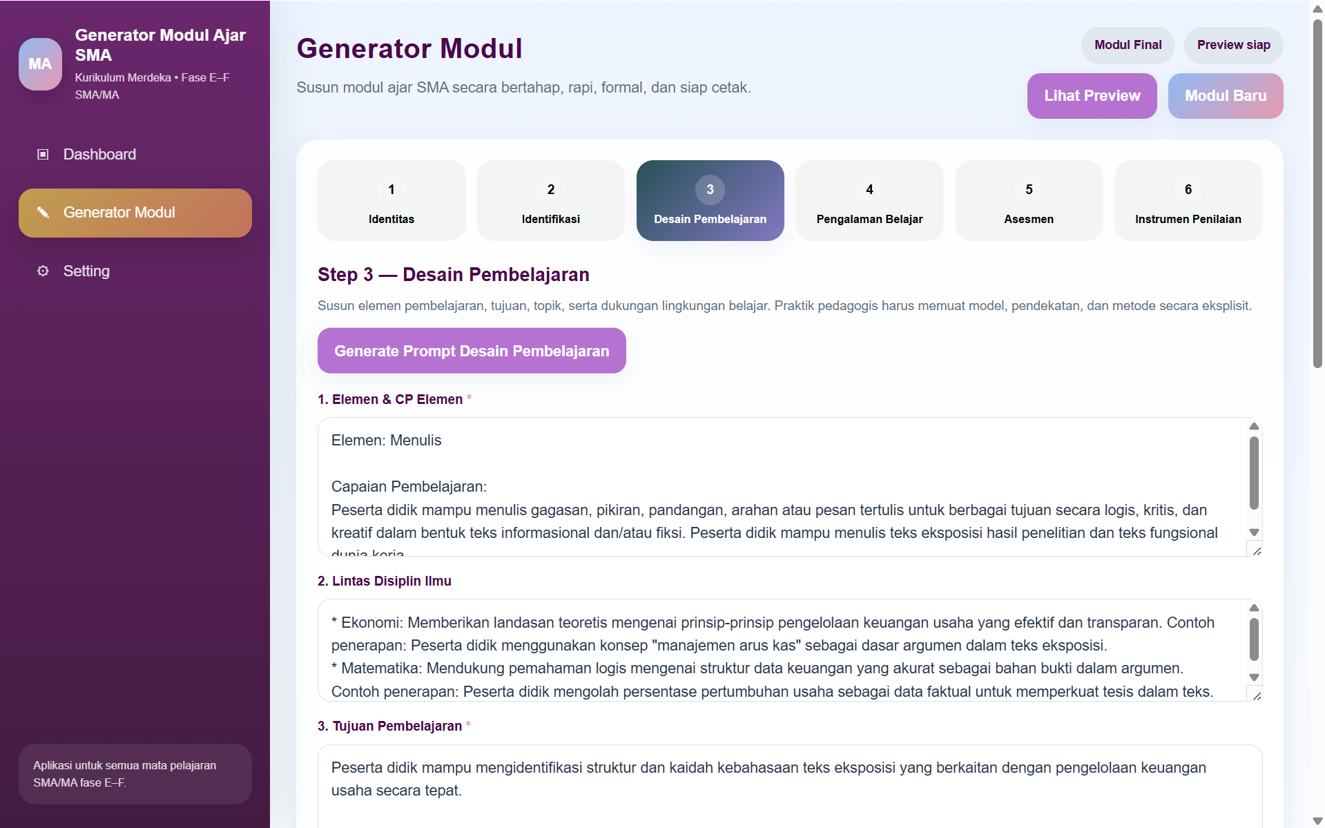 Screenshot langkah 3 desain pembelajaran modul ajar SMA MA