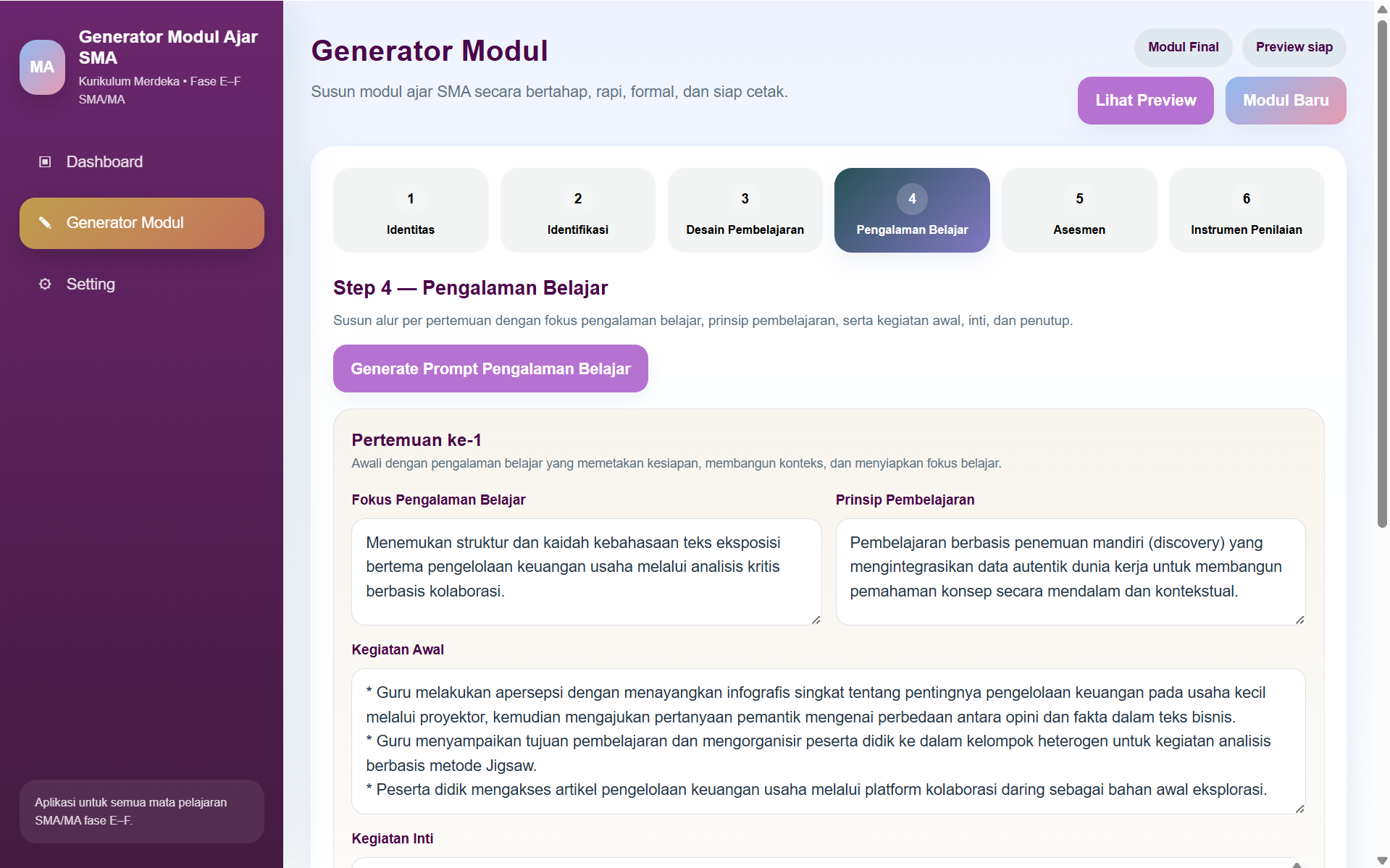 Screenshot langkah 4 pengalaman belajar modul ajar SMA MA