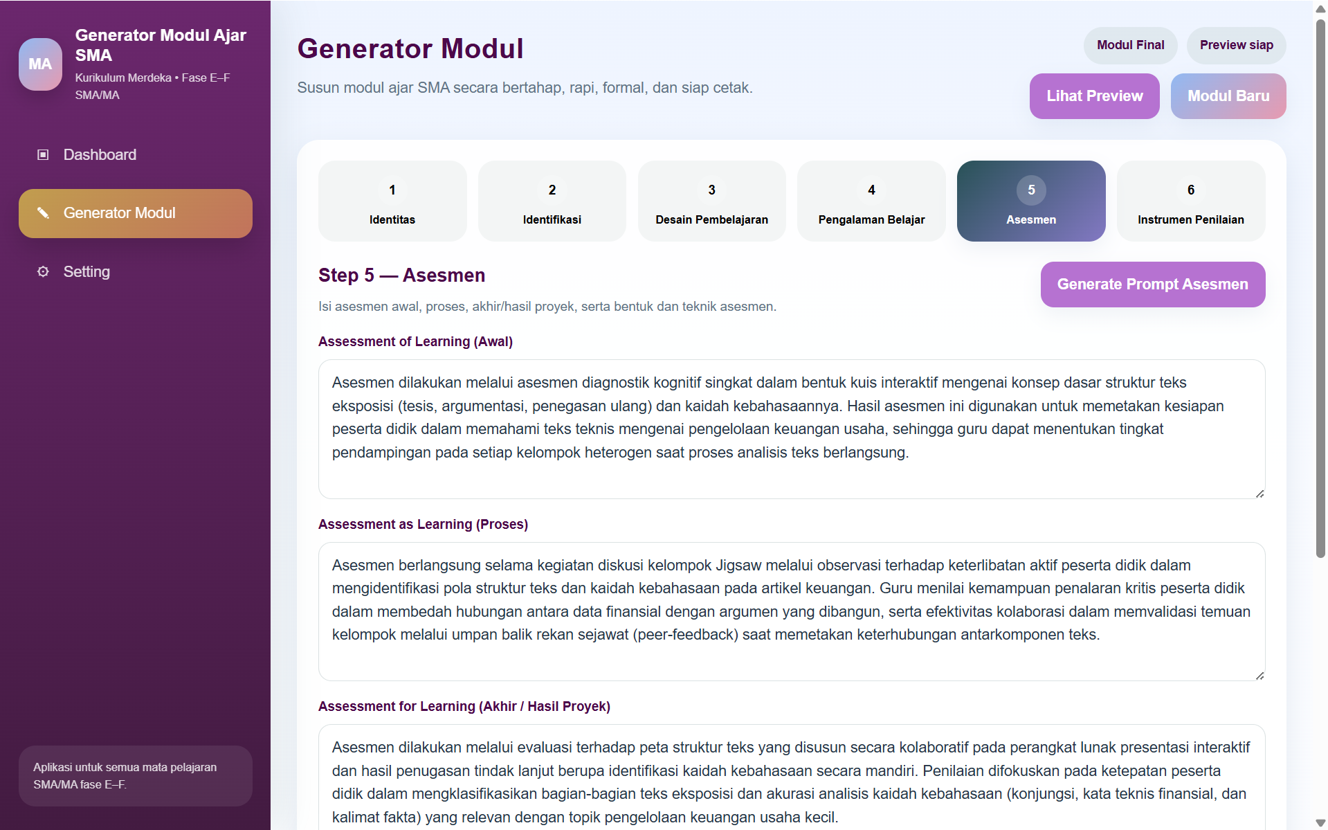 Screenshot langkah 5 asesmen modul ajar SMA MA