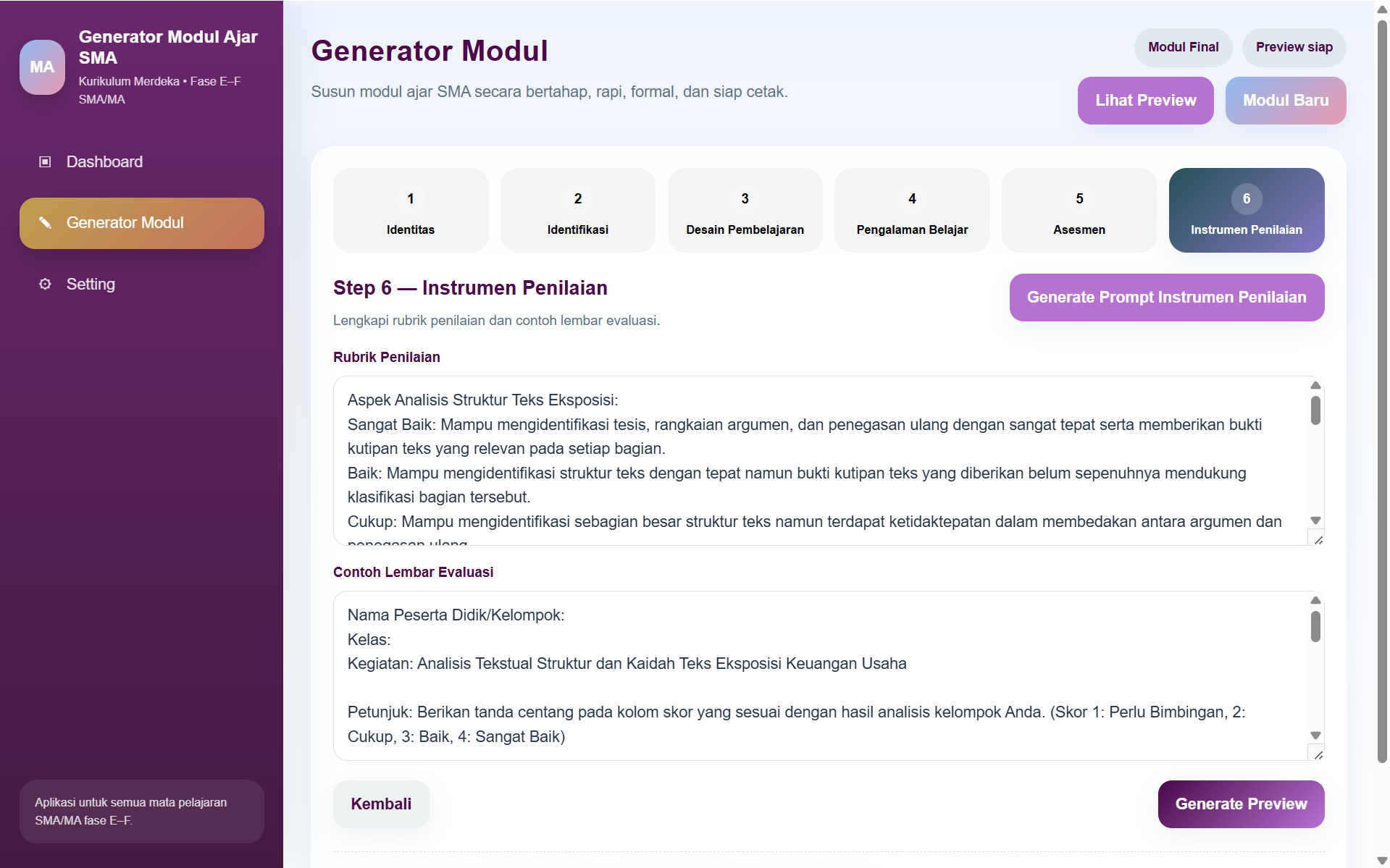 Screenshot langkah 6 instrumen penilaian modul ajar SMA MA