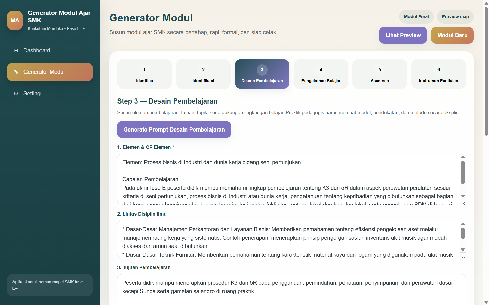 Screenshot langkah 3 desain pembelajaran modul ajar SMK MAK