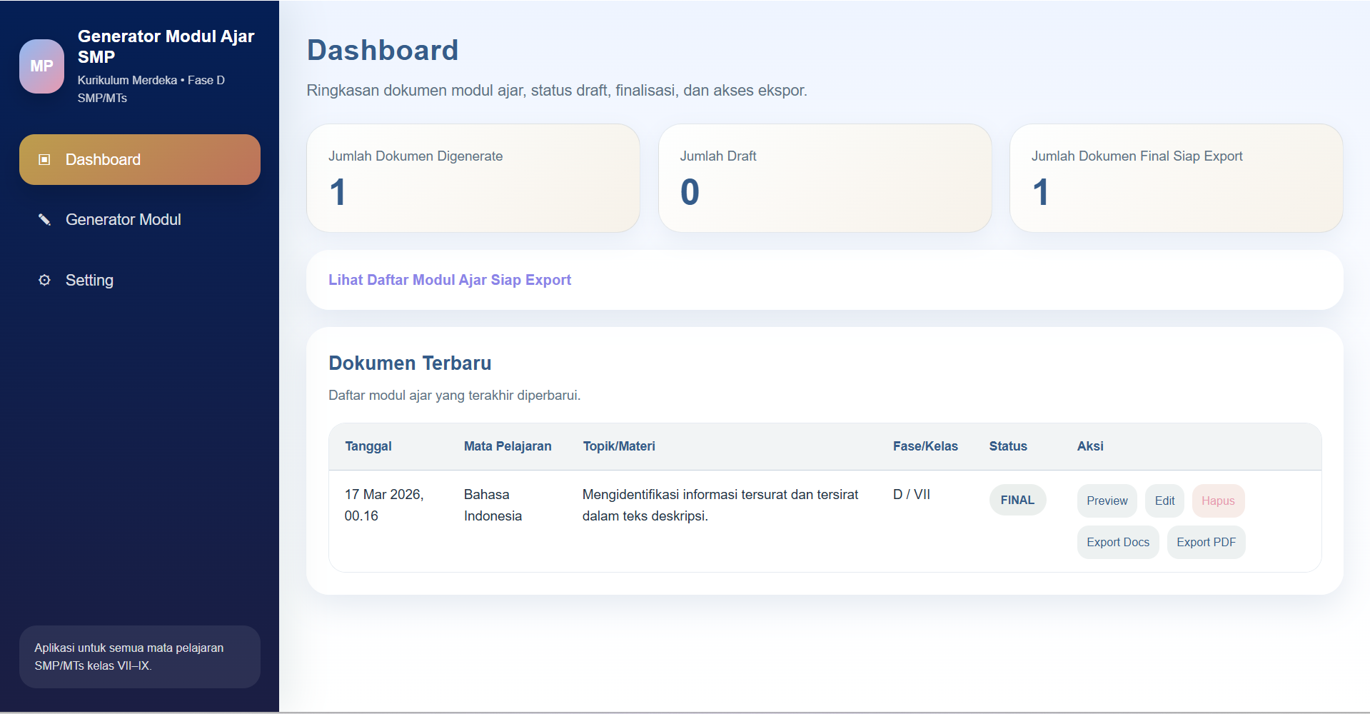 Tampilan dashboard Generator Modul Ajar SMP/MTs