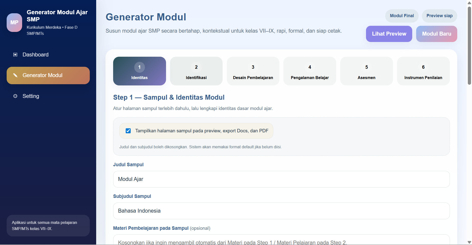 Screenshot langkah 1 identitas modul ajar SMP MTs