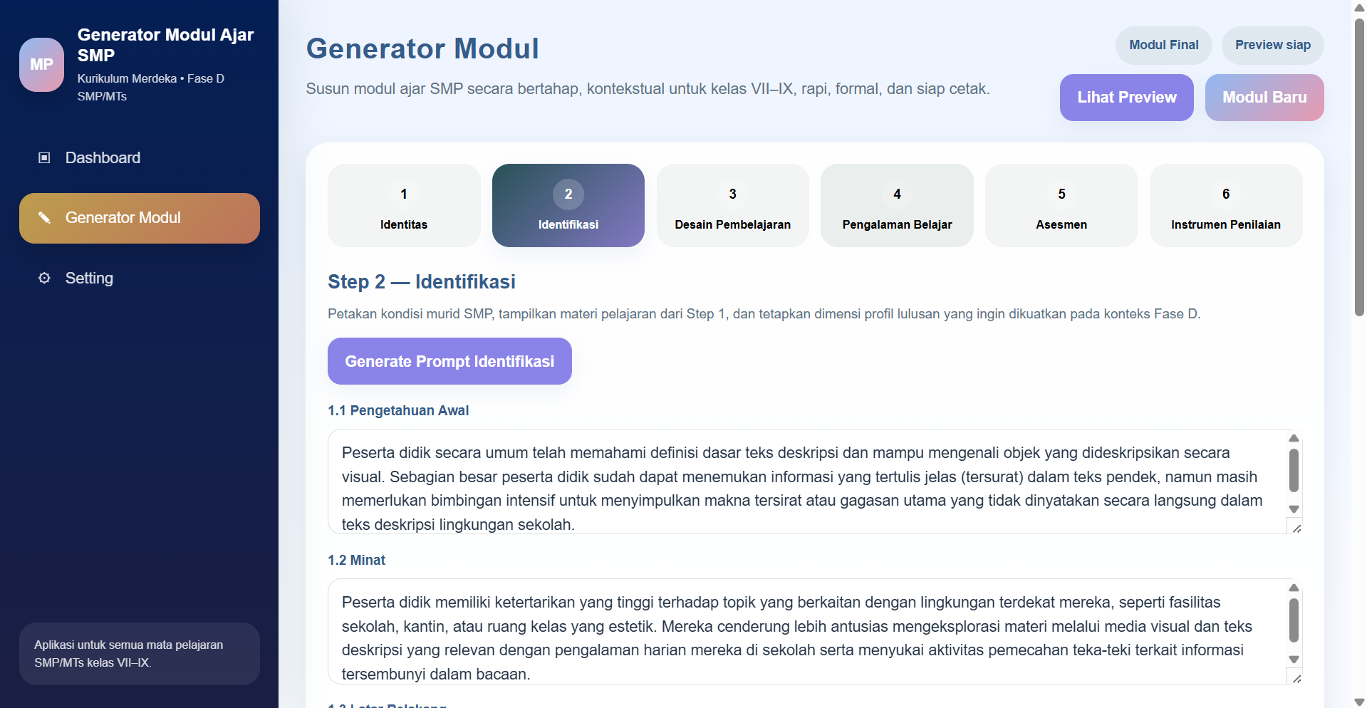 Screenshot langkah 2 identifikasi modul ajar SMP MTs
