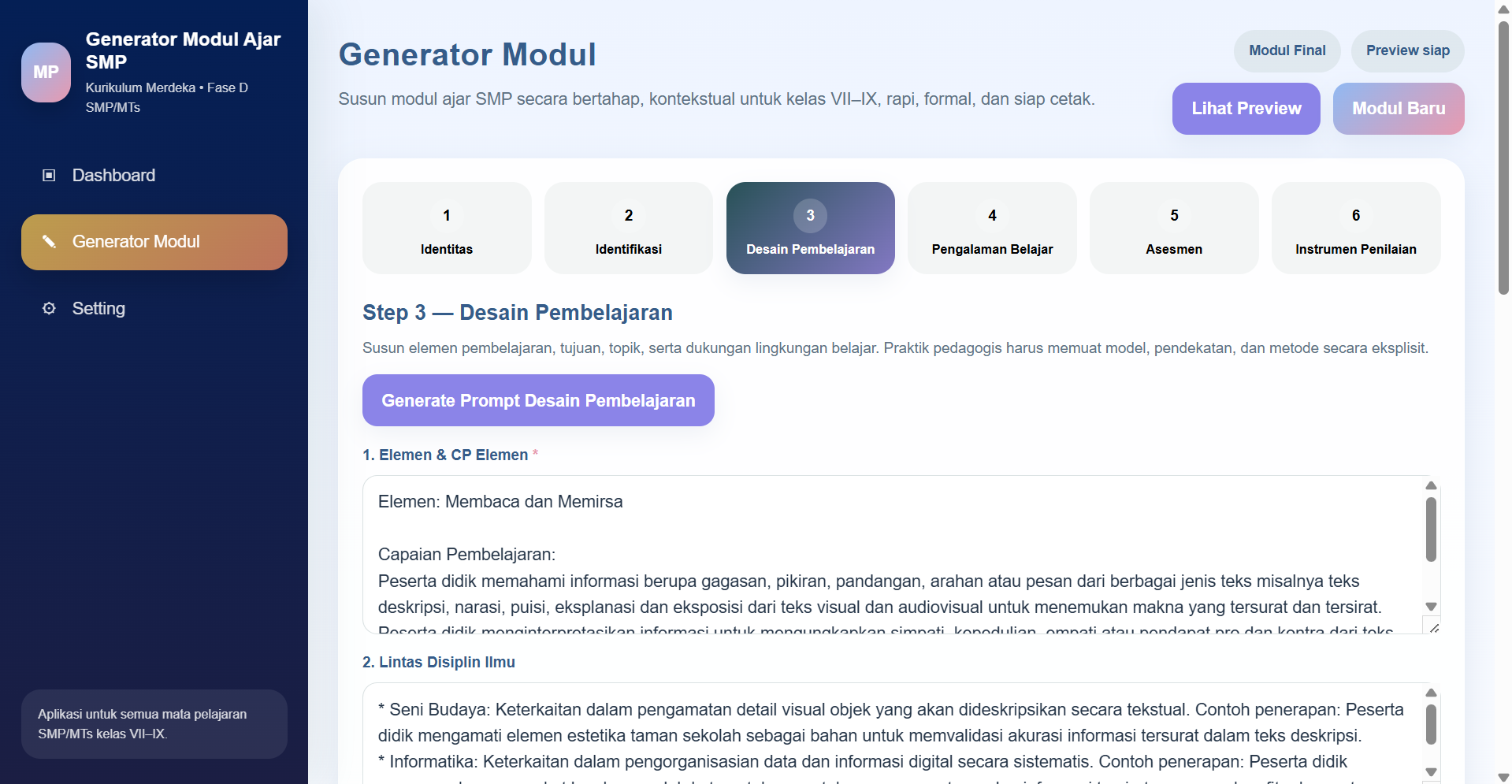 Screenshot langkah 3 desain pembelajaran modul ajar SMP MTs
