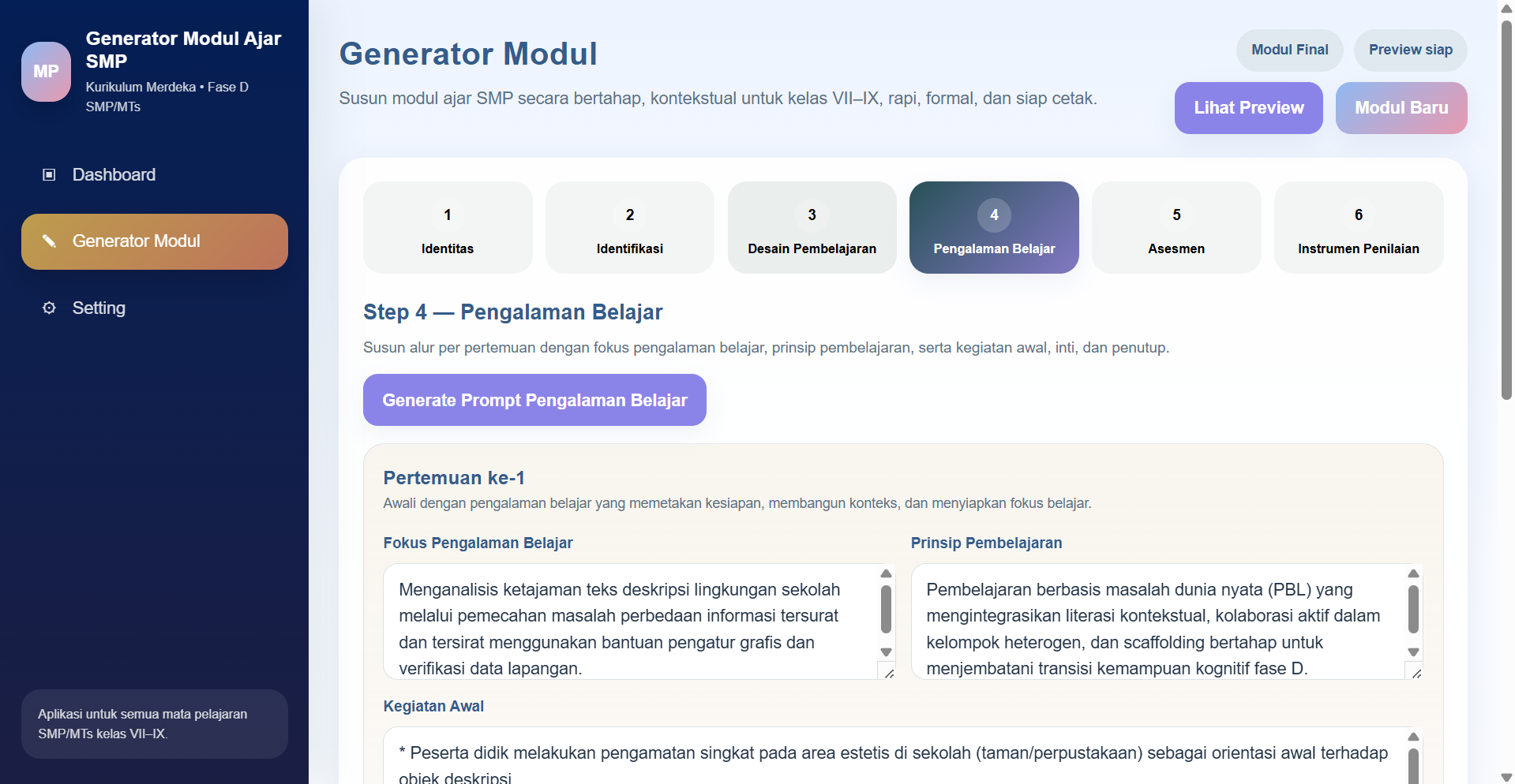 Screenshot langkah 4 pengalaman belajar modul ajar SMP MTs