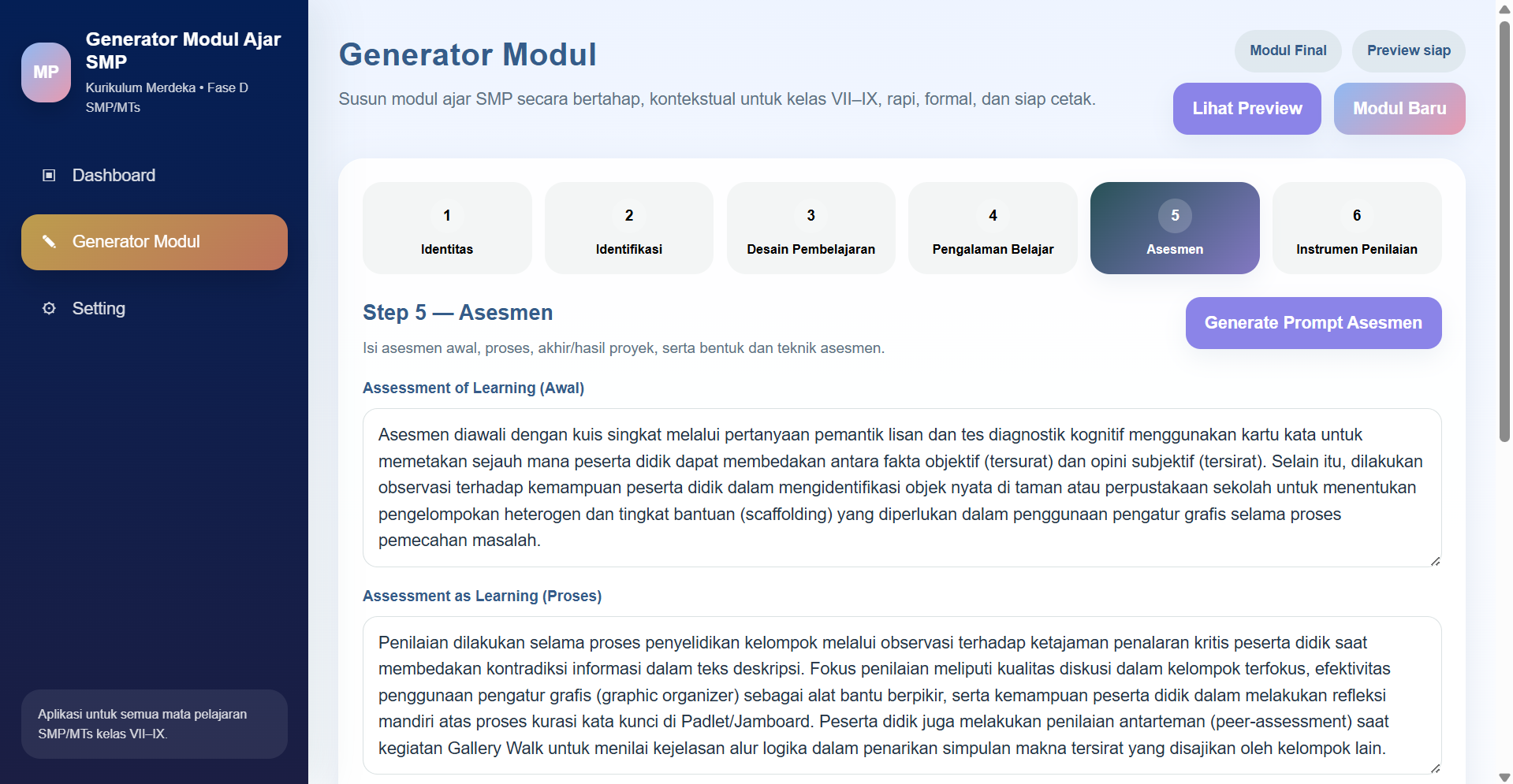 Screenshot langkah 5 asesmen modul ajar SMP MTs