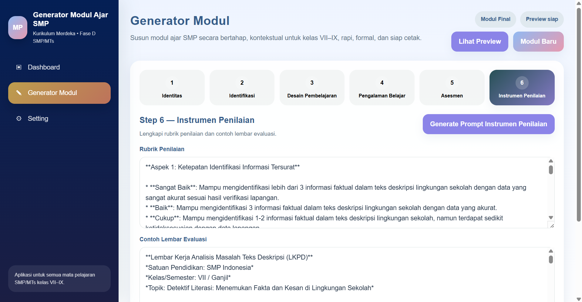 Screenshot langkah 6 instrumen penilaian modul ajar SMP MTs